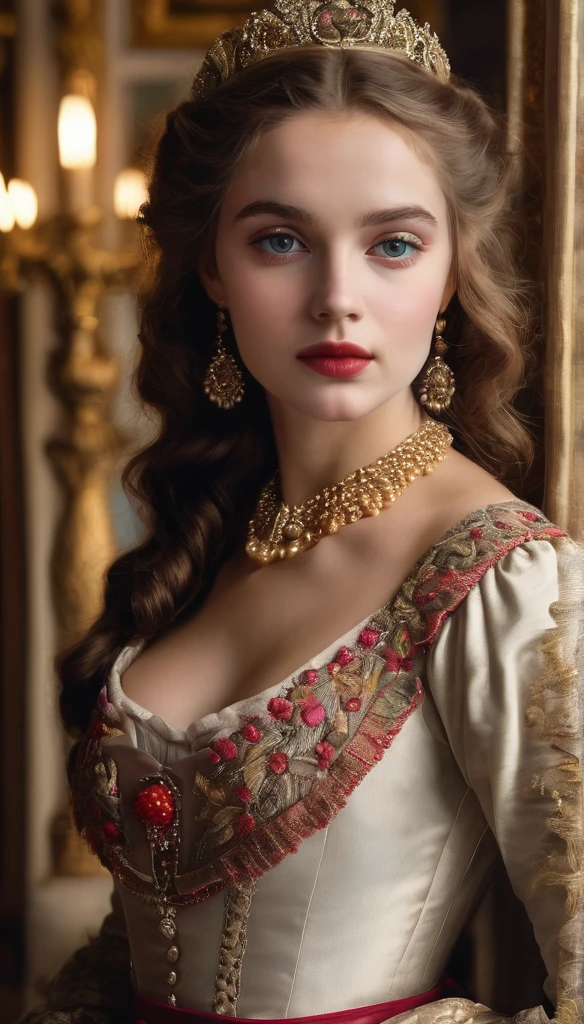 (((black))) beautiful ((thick)) hair (((brunette))), beautiful hairstyle of an aristocrat, a beautiful girl of European appearance (European image), a medieval princess in a long (burgundy) dress made of fabric (((velvet))), a colorful Renaissance dress ((rich decoration)), (black gloves), a medieval fantasy outfit, bright juicy colors
