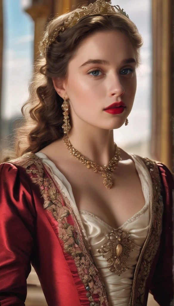 (best quality,4k,8k,highres,masterpiece:1.2),ultra-detailed,(realistic,photorealistic,photo-realistic:1.37),portrait,painting,pastels,personalized masterpiece,18th century,Russian,aristocratic,girl,noble daughter,20 years old,extremely beautiful,face,expressive eyes,delicate nose,luscious lips,porcelain skin,rosy cheeks,flowing curls,silky dress,stately posture,fine jewelry,embroidered lace collar,grand background,opulent interior,faint golden light,big breasts, detailed face, long eyelashes, red lipgloss, nlue eyes, open mouth,