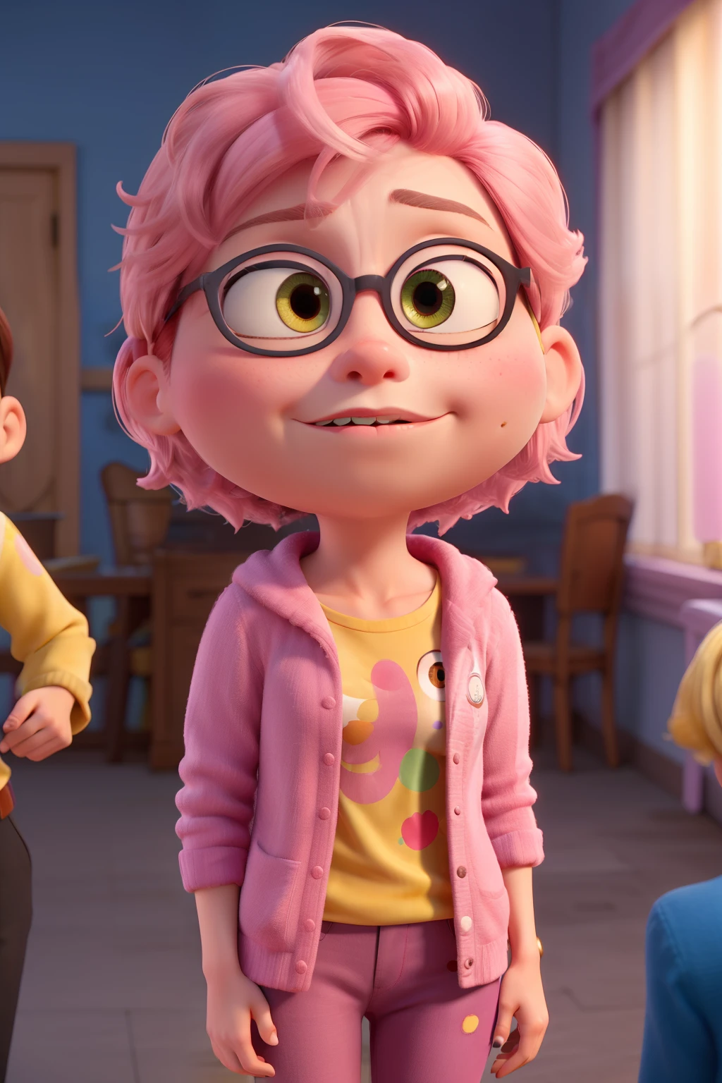 Create an emotion like the ones in the movie "Inside Out", the emotion will be passion Skin color: pink hair color: pink eye color:pink Clothing colors: cerulean, yellow and quite pink. (It&#39;s not human but it has characteristics.)