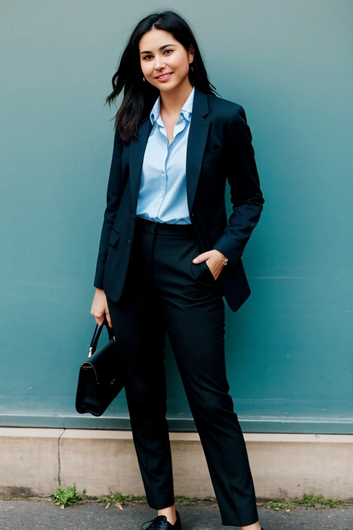 Believe me an image of a woman with a black blazer inside a blue shirt and black pants with black teacher shoes
