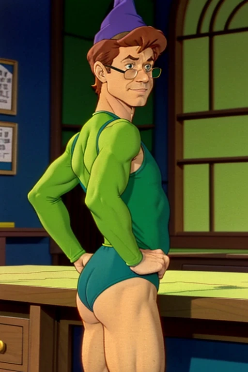 a redhead cartoon character dressed in a green leotard, very muscular, a young male wizard, 1980s cartoon, animated episode still, Presto (((mad))), ((He wears a wizard hat and eyeglasses)), backside