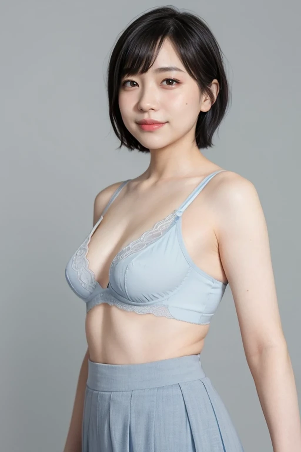 (natural lighting, plain bra, plain pale blue lingerie, small breasts, realistic nipples, election of nipples:1.3), (charcoal gray tight skirt, midi skirt:1.3), 8k, RAW photo, best quality, masterpiece, realistic, photo-realistic, clear, beautiful face, no makeup, best quality, ultra high res, BREAK, Japanese cute girl, , (short cut hair:1.2), smile, BREAK, standing, BREAK, (office:1.3), (black eyes, black hair:1.2)