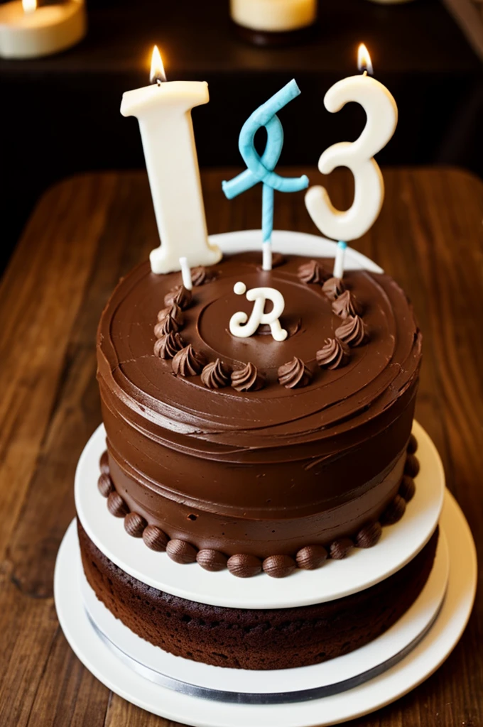 Chocolate cake with candles in the shape of 30 and on the cake written K∞