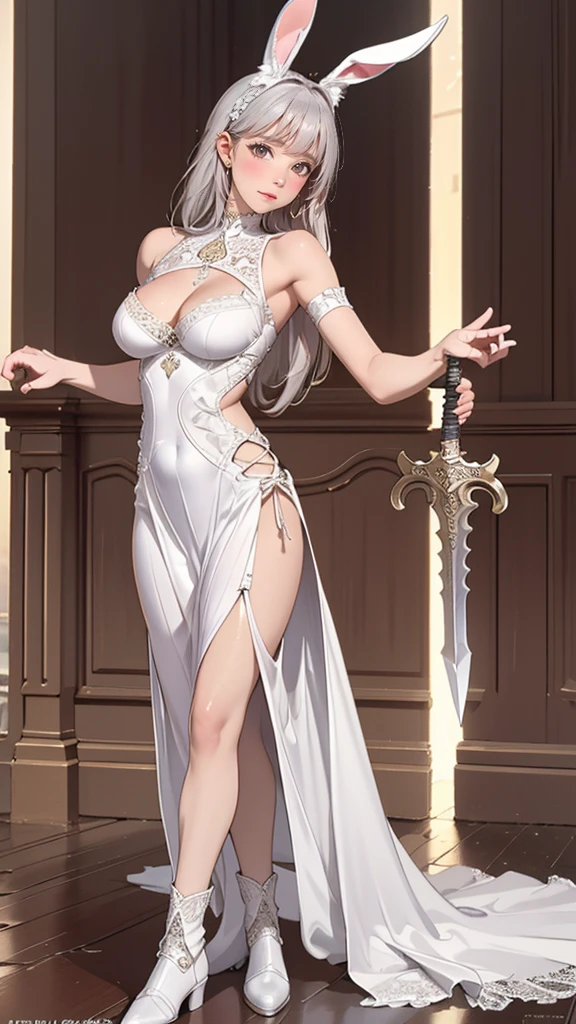 from behind,backwards,stretching,(have a sword,leather boots,asymmetrical armor,(long embroidered white lace dress,see through,lift up the hem of the dress)),Bunny ears,silver hair,(tanned skin:1.2),(Thin type:1.8),(big breasts),(random hairstyle),(Highest image quality,(8k),ultra-realistic,best quality, high quality, high definition, high quality texture,high detail,beautiful detailed,fine detailed,extremely detailed cg,detailed texture,a realistic representation of the face,masterpiece,Sense of presence)