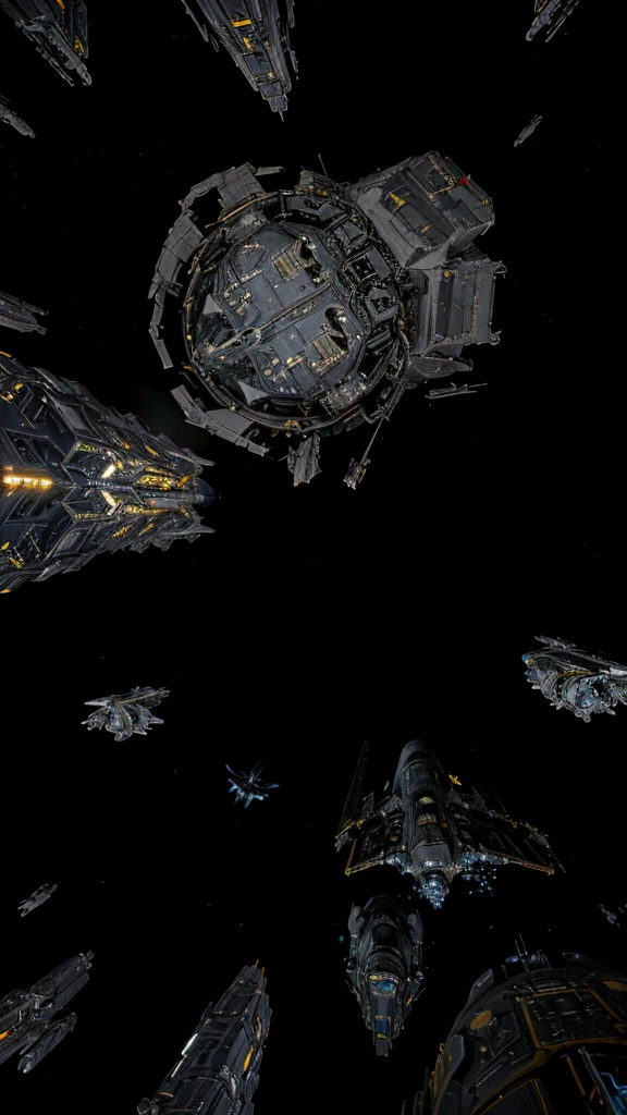 spaceships and ships in a space with a black background, wide shot of a spaceship battle, spaceship in space in ruins, asteroids realistic cinematic, ominous space battle background, landing in epic space battle, looking at spaceships at dock, cargo spaceships, sci - fi spaceship in combat, detailed crash space ship, orbiting space ships, spaceships flying in background