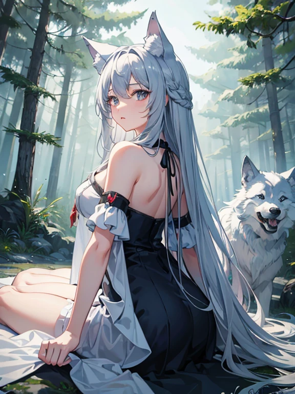 masterpiece, Highest quality, High resolution，Follow the on-screen instructions、Anime Style、Follow the prompts、A girl and a wolf on the screen、Long silver hair、Chasing with wolves in the forest、