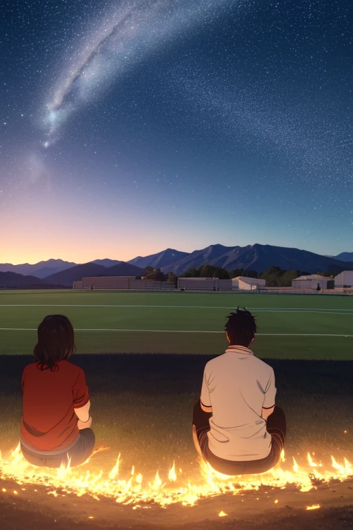 Draw a large anime scene of a high school, a bonfire in the middle of a sports field, mountain in front, front perspective, of the, people sitting, one beside the other, from behind, Starry Night, tonos azulaof the oscuros, Masterpiece, melancholic scene