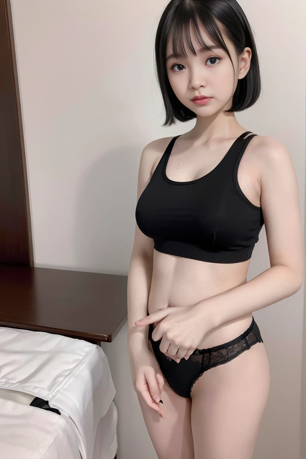 Lace Underwear、bed、Laughter、Short sleeve、Short Hair