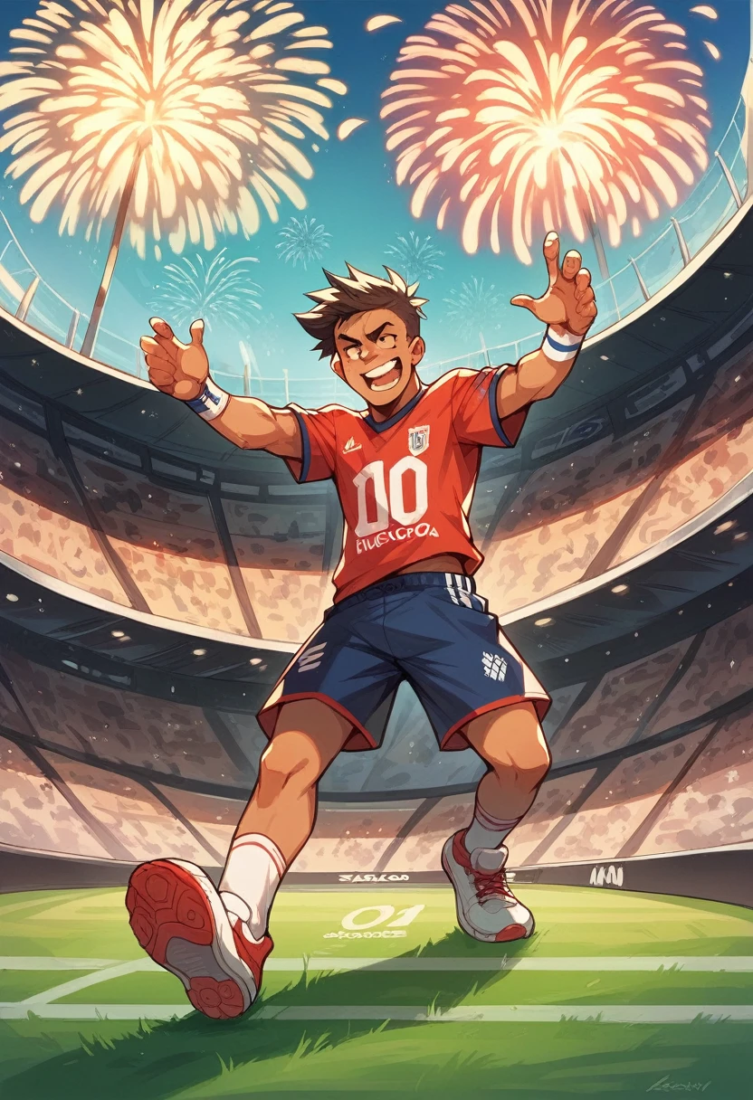 Create a stadium and a soccer cup with fireworks and with the letters that say Mexico