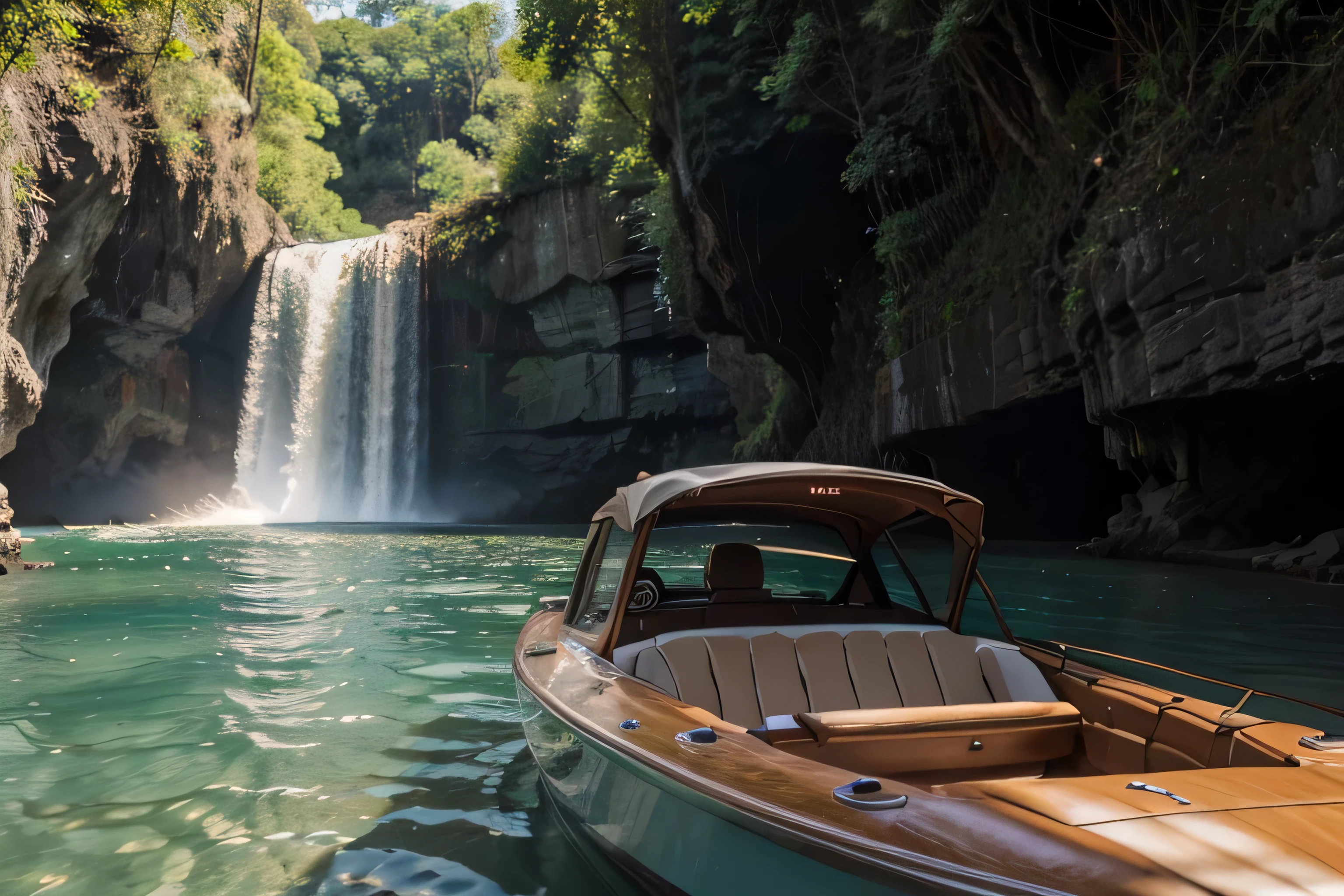 realistic photo closeup of a ((nice motorboat)) lit by the sun, beautiful water caves and waterfall in background, beautiful colors, 4k, detailed, details, HD