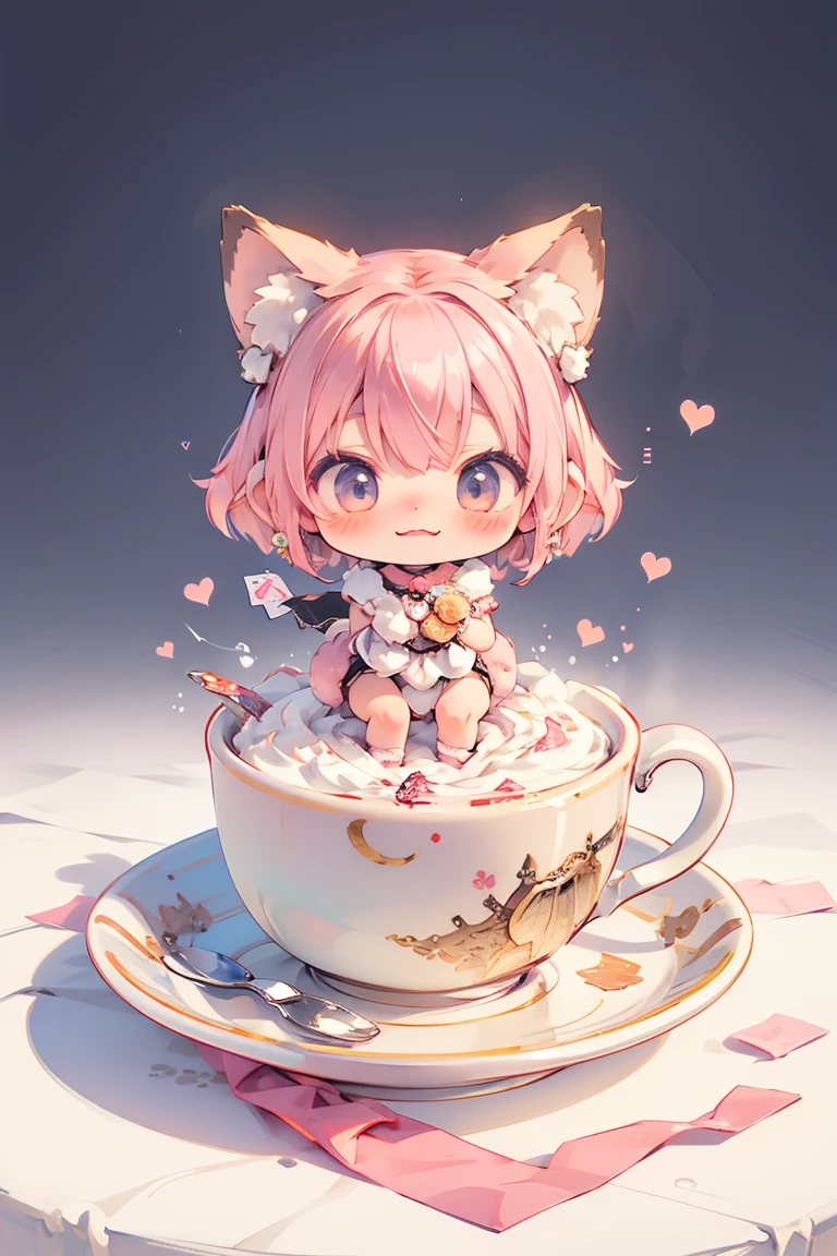 Design an adorable scene featuring a chibi anime girl happy. The artwork focuses solely on the character ych, make the girl small and the dessert bigger than her, she needs to be full body, without a detailed background.
