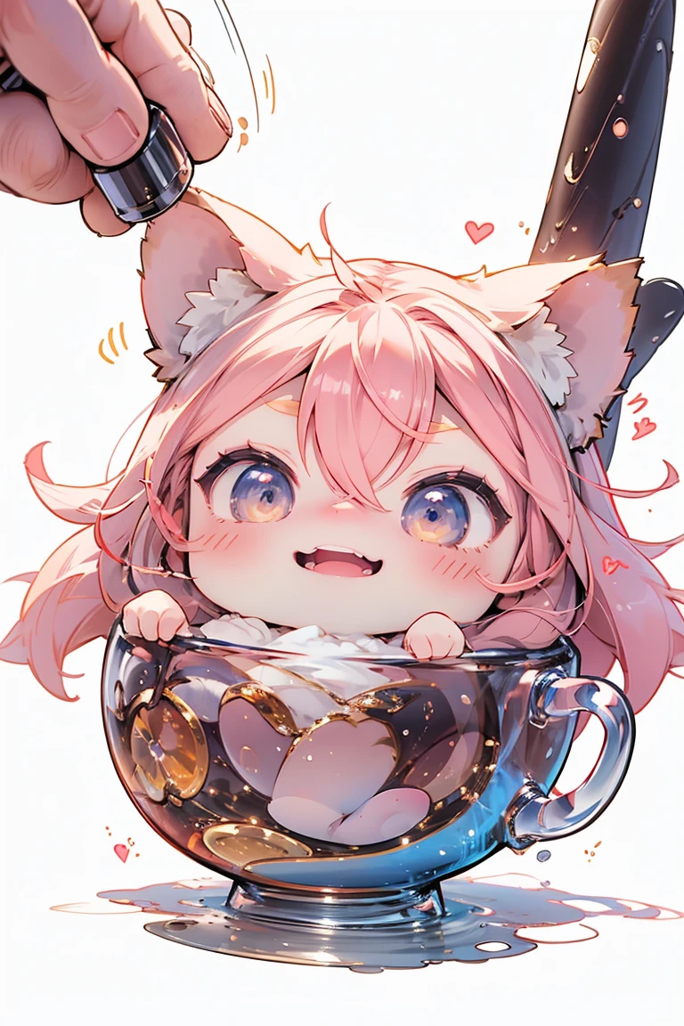Design an adorable scene featuring a chibi anime girl happy. The artwork focuses solely on the character ych, make the girl small and the dessert bigger than her, she needs to be full body, without a detailed background.