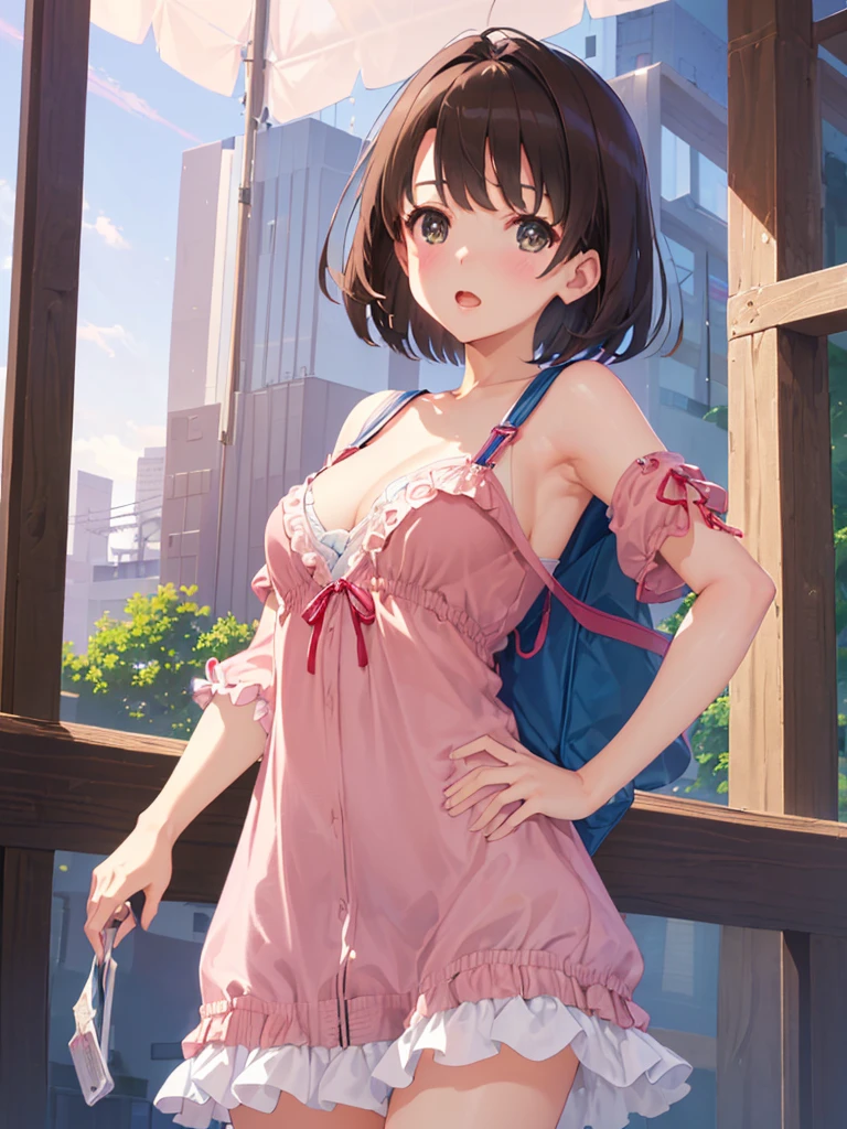 ((Show your armpits)),((No sleeve)),cleavage,super miniskirt,(masterpiece:1.6, highest quality), (Beautiful detailed eyes: 1.2), ticker_kato, katohdlong, katohd, 1 girl, alone, brown hair, short hair, brown eyes, Backpack, open your mouth, bangs, Shoulder bar , blush, pink jacket,