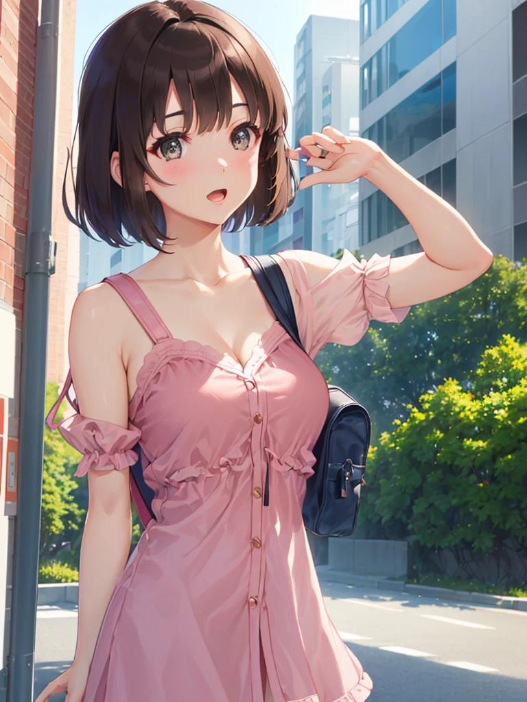 ((Show your armpits)),((No sleeve)),cleavage,super miniskirt,(masterpiece:1.6, highest quality), (Beautiful detailed eyes: 1.2), ticker_kato, katohdlong, katohd, 1 girl, alone, brown hair, short hair, brown eyes, Backpack, open your mouth, bangs, Shoulder bar , blush, pink jacket,