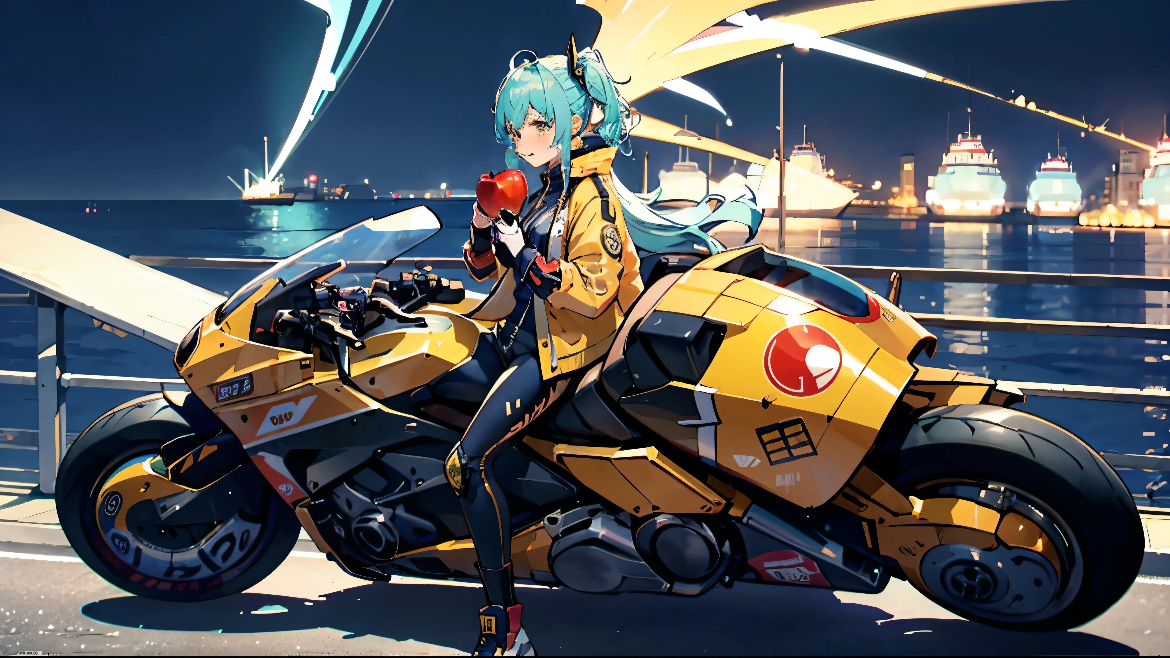 Wearing a souvenir jacket、woman、Eating an apple、Night Port、Embarrassed expression、Motorcycles of the future、masutepiece、The color of the bike is yellow、 light blue hair, ear blush, full blush, Draw a clear face, Sea-view harbor, anime, cinematic lighting, UHD, highres, best quality, 8k