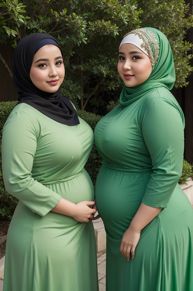 beauty two fat chubby fat belly hijab wives wearing green dress masterpiece