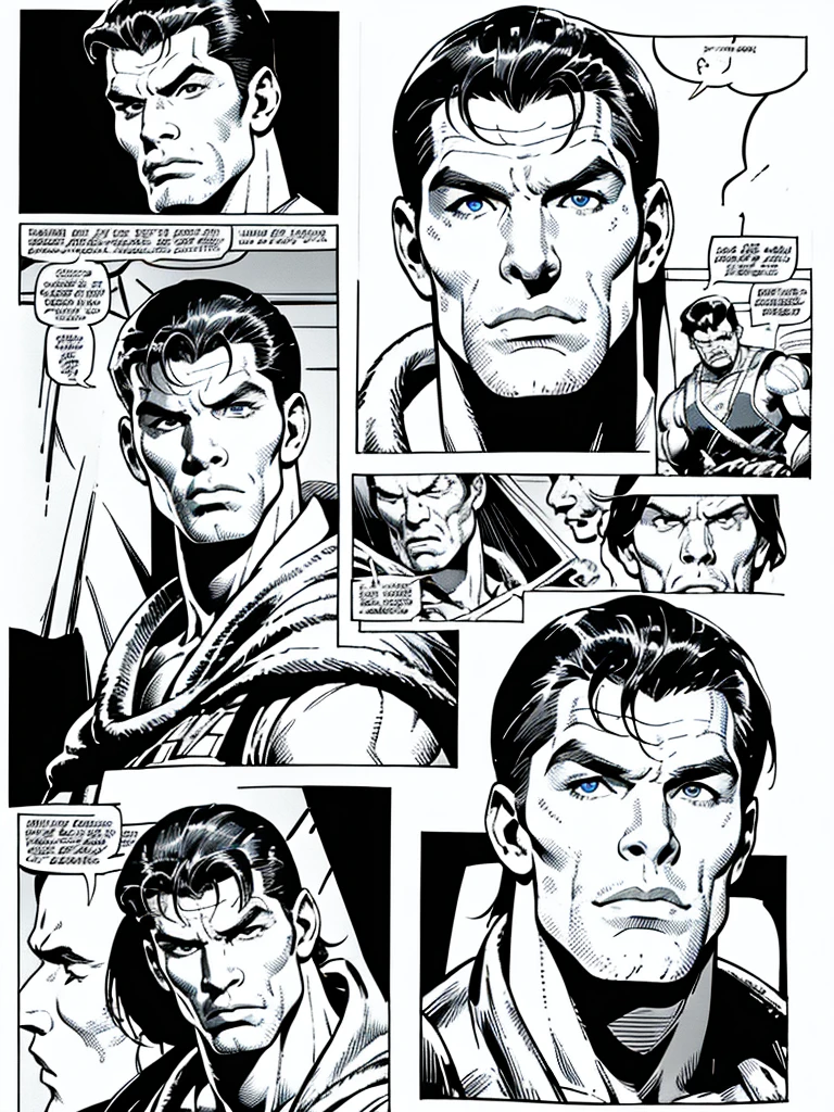 3 men,illustration in Buscema drawing style;marvel comics, Handsome, man, blue eyes,Wearing soldier camouflage uniform, barracks, muscular,Perfect facial details,agressive facial expression
