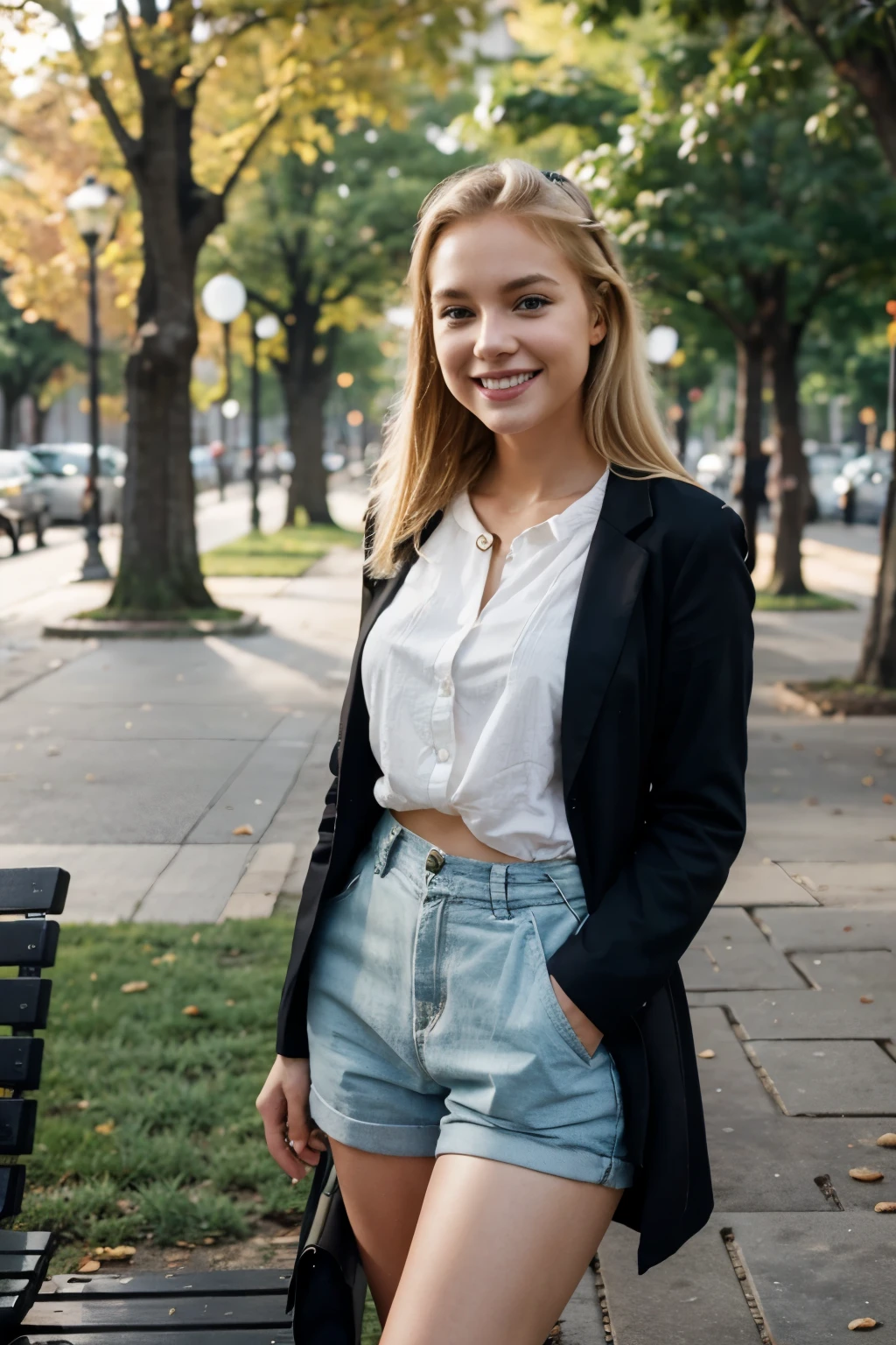 a cheerful young blonde-haired woman standing on a park bench