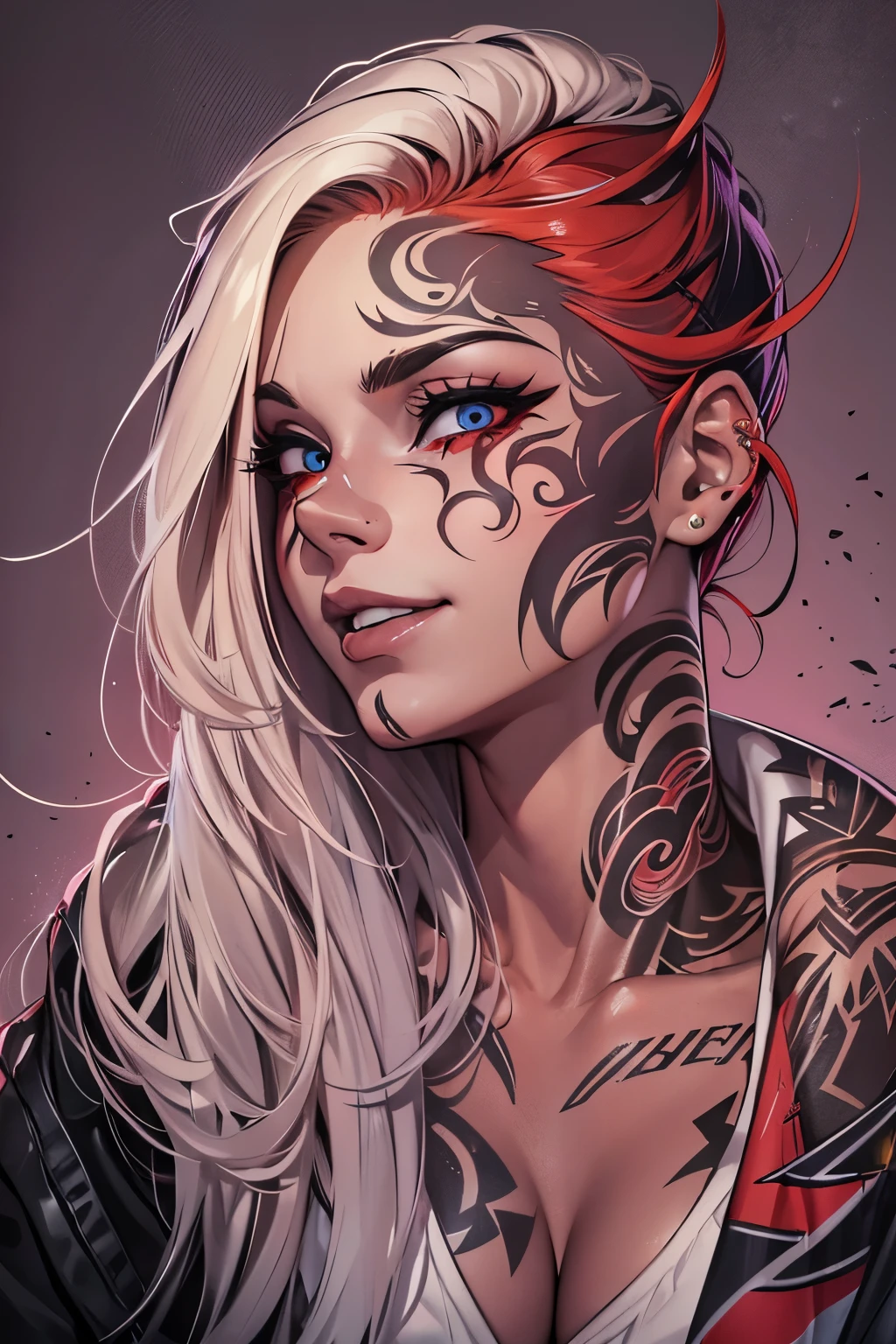 perfil portrait image of a woman with long light blond, streaked with lots of red highlights, hair with two colors (blond and red) , big red bloody eyes, she wears social clothes and have a lot of ((tattoos on her body)). She is smiling like a villain,, big evil smile, with a moon tattooed on her face, she is on a dark city scenery, symmetrical face, ((symmetric eyes)), high contrast, digital art trend on Artstation 8k HD high definition detailed realistic , hiper detalhado,