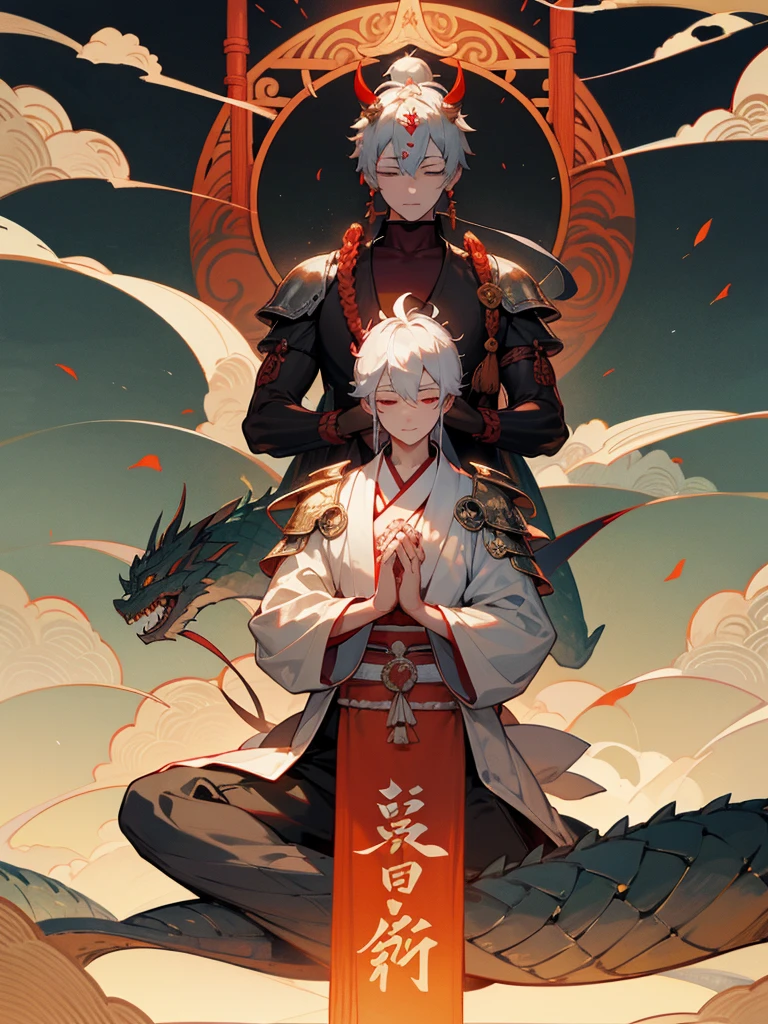Dragon God Kannon Bodhisattva,Burning eyes, Horn, White Short Hair, Black Armor, torii, male, Buddha, Praying with hands together, Zen meditation, Silver nine-headed dragon, Aiphone, Lotus field, Pure Land, Shinto-Buddhist fusion