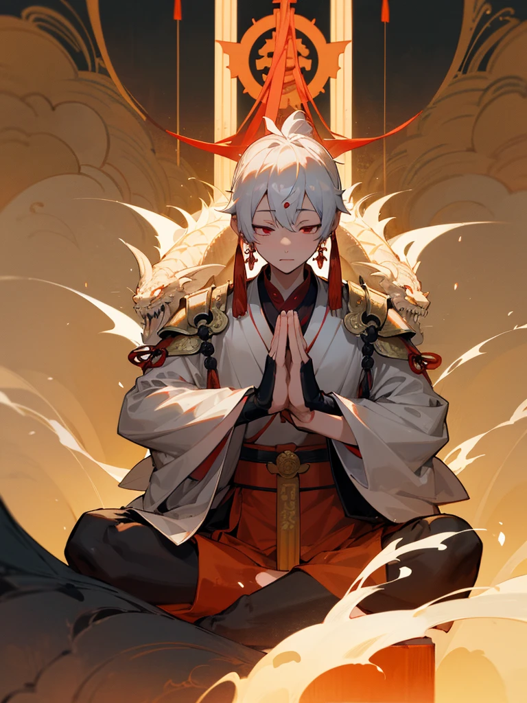 Dragon God Kannon Bodhisattva,Burning eyes, Horn, White Short Hair, Black Armor, torii, male, Buddha, Praying with hands together, Zen meditation, Silver nine-headed dragon, Aiphone, Lotus field, Pure Land, Shinto-Buddhist fusion