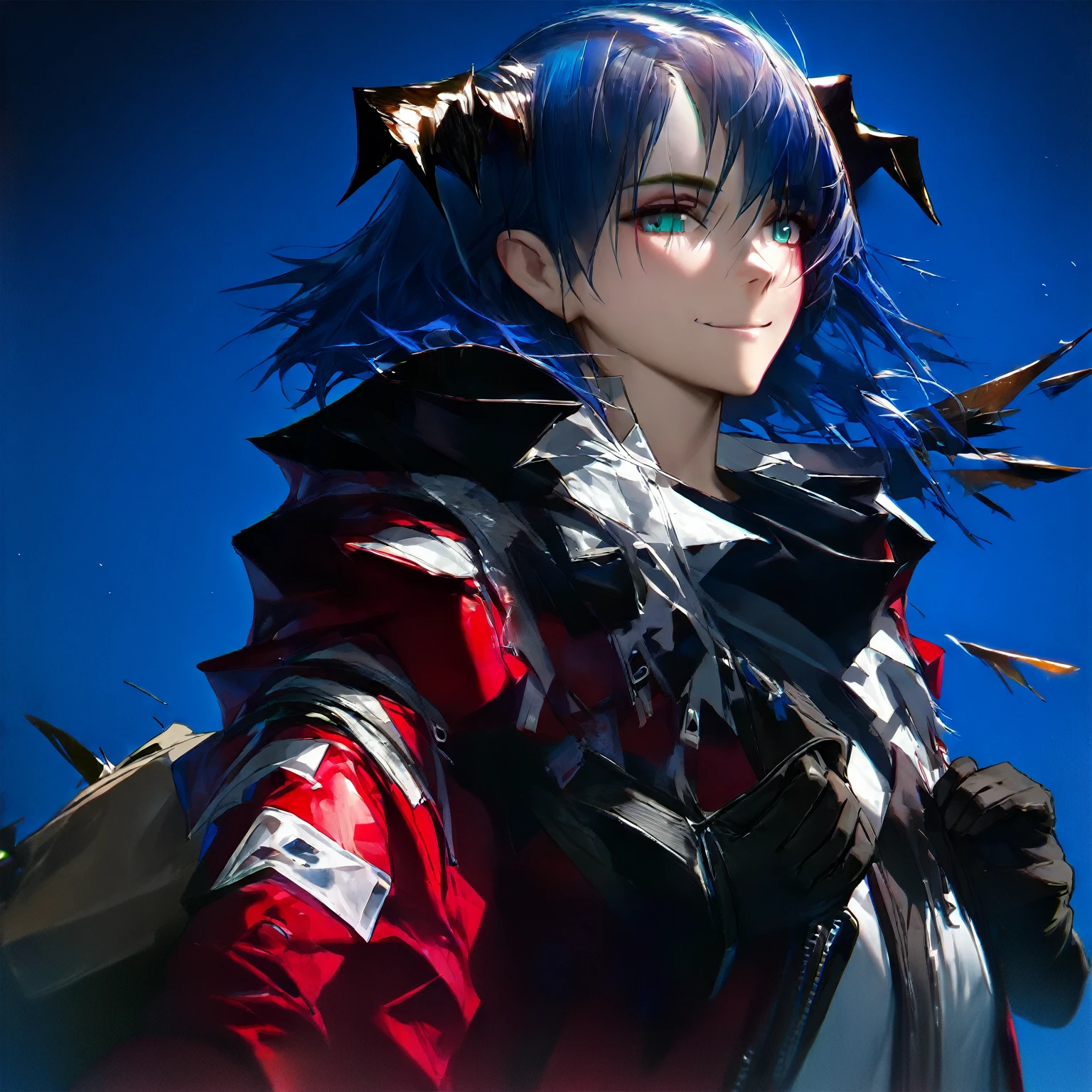 (woman), ((Mostima from arknights)), masterpiece, best quality, blue hair, ((short hair)), horns, plain white shirt, red fullbody coat, dark blue eyes, realistic anime style, smile, ((portrait)), black gloves, carring a bag.