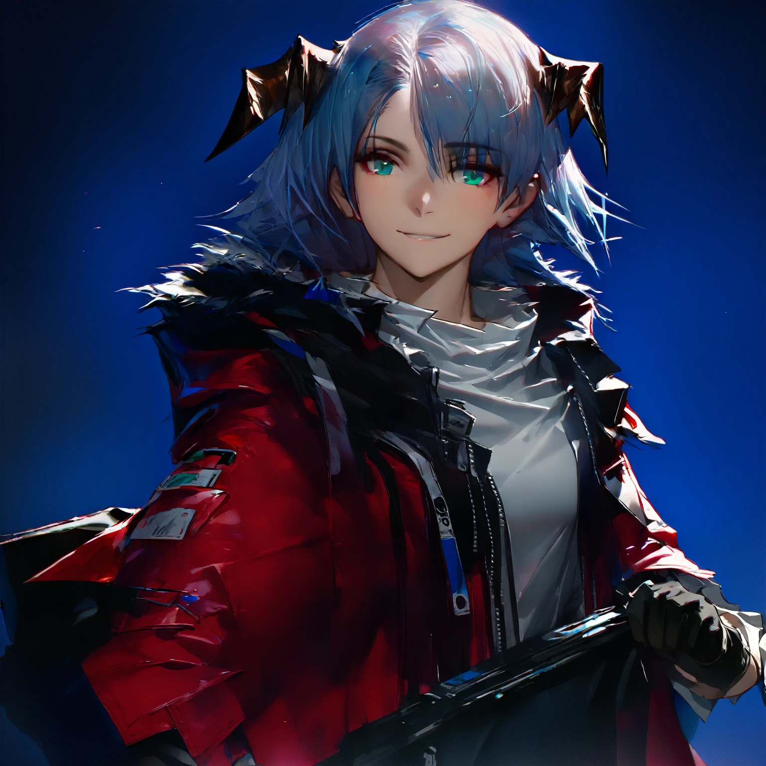 (woman), ((Mostima from arknights)), masterpiece, best quality, blue hair, ((short hair)), horns, plain white shirt, red fullbody coat, dark blue eyes, realistic anime style, smile, ((portrait)), black gloves, carring a bag.

