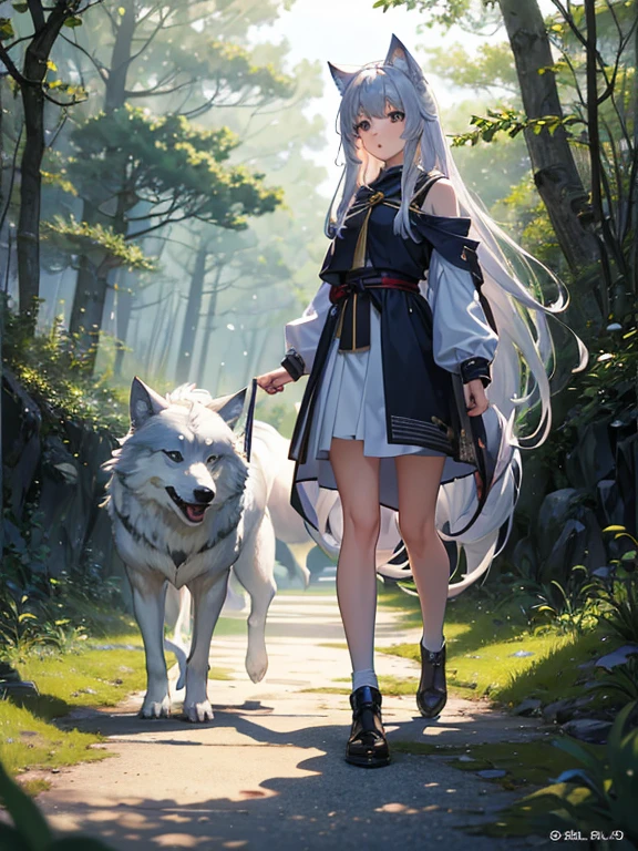 masterpiece, Highest quality, High resolution，Follow the on-screen instructions、Anime Style、A realistic composition、A scene from the anime、Follow the prompts、A girl and a wolf on the screen、Long silver hair、Chasing with wolves in the forest、The wolf runs ahead、A girl chases a wolf、