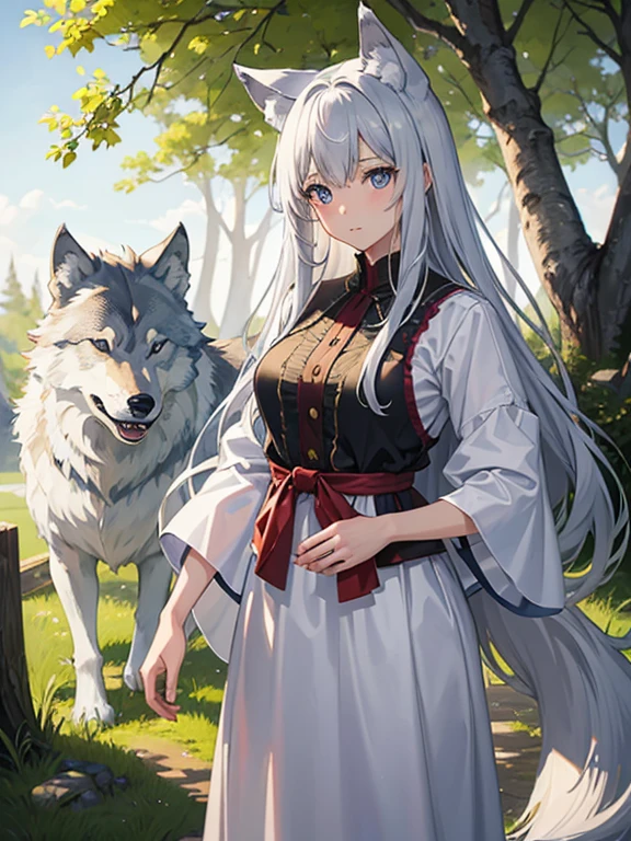 masterpiece, Highest quality, High resolution，Follow the on-screen instructions、Anime Style、A realistic composition、A scene from the anime、Follow the prompts、A girl and a wolf on the screen、Long silver hair、Chasing with wolves in the forest、The wolf runs ahead、A girl chases a wolf behind her、