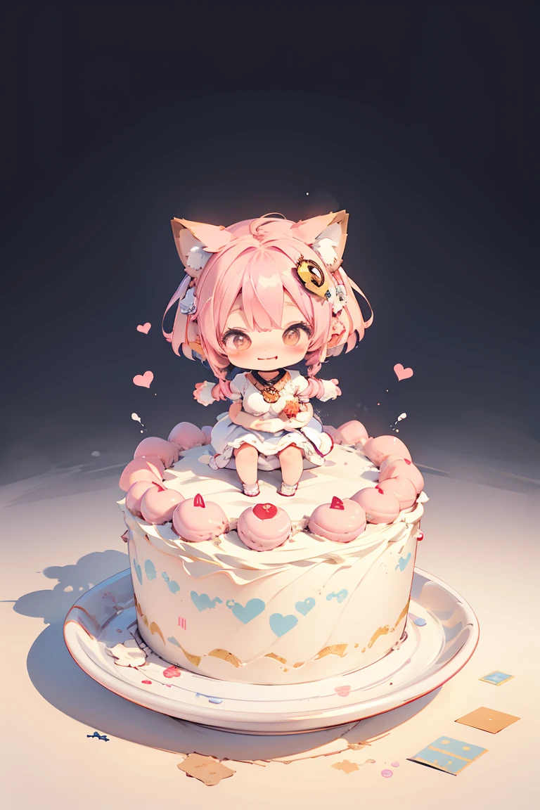 Design an adorable scene featuring a chibi anime girl happy. The artwork focuses solely on the character ych, make the girl small and the dessert cake donut or drink bigger than her, she needs to be full body, without a detailed background.
