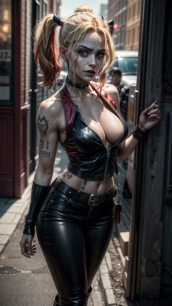 Harley Quinn, (((whole body))),super muscular build and average breasts.,wearing an open black leather vest..,There is a black leather belt at the waist, tight pants, and heavy boots, She has a punk rock look and an asymmetrical bob hairstyle... Tattoos all over her body highlight her seasoned character....., Hyper-realistic close-up photograph of Harley Quinn, masterpiece, Best quality, (photorealistic:1.4), post-apocalyptic peace. Pay attention to subtle details, Sharp Focus.