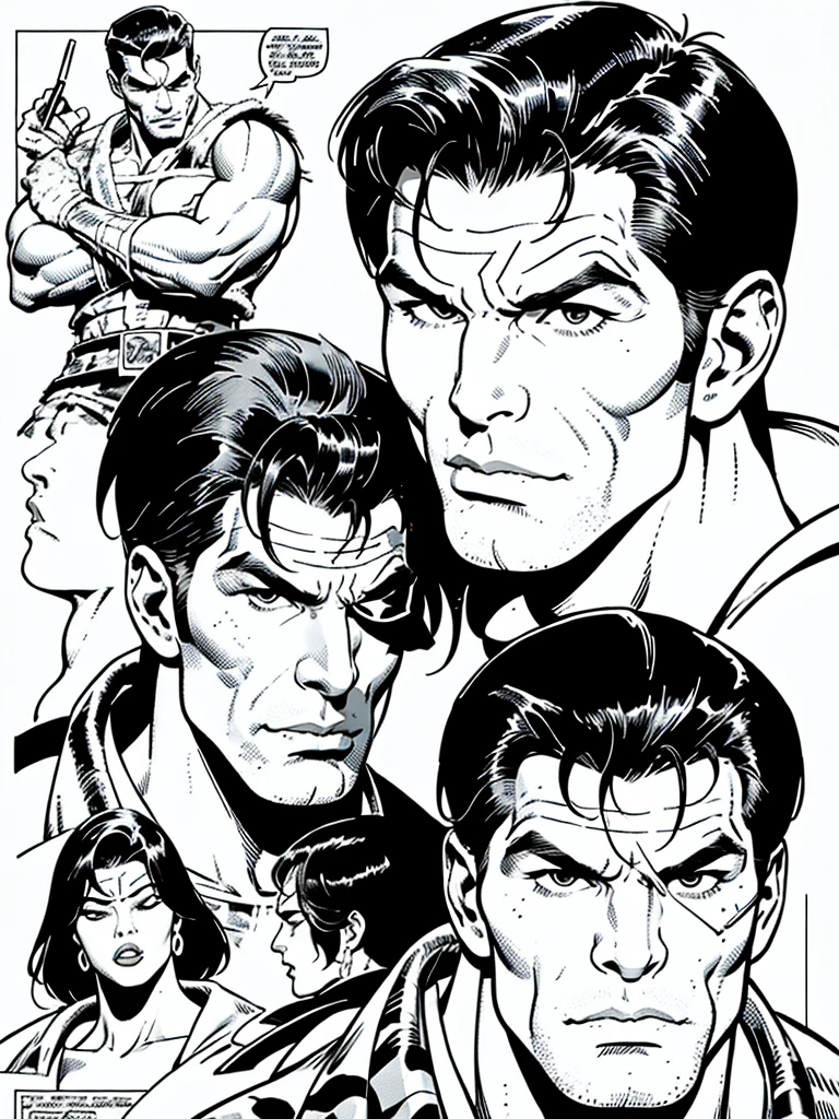 1 male,illustration in Buscema drawing style;marvel comics, Handsome, man,Wearing soldier camouflage uniform,cigar,eye patch barracks, muscular,Perfect facial details,agressive facial expression