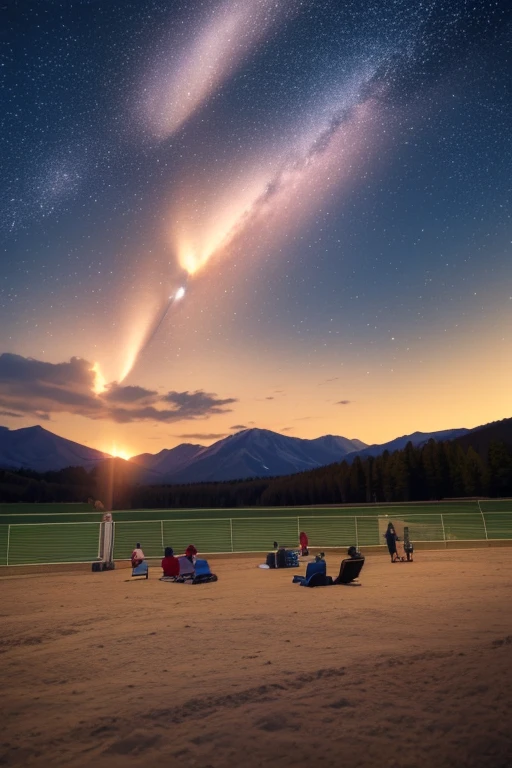 Draw a large anime scene of a high school, a medium campfire, in the middle of a sports field, mountain in front, front perspective, of the, people sitting, from behind, Starry Night, tonos azulaof the oscuros, Masterpiece, melancholic scene