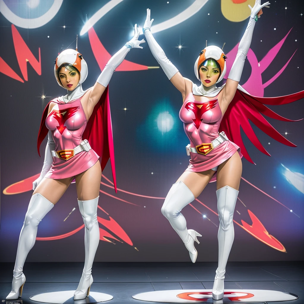 ANI_CLASSIC_jun_gatchaman_ownwaifu,1girl, ,good anatomy, masterpiece, best quality,realistic, hyperrealistic, 16k hdr,breasts,green eyes,lips,large breasts,lipstick,makeup,gloves,cape,helmet,belt,elbow gloves,white gloves,mask,ultra miniskirt,leotard,spacesuit,white tight overknee highheels boots,pink dress,superhero,bodysuit,cleavage,erected nipples,((standing pose,spread legs, arms up straight)),cameltoe