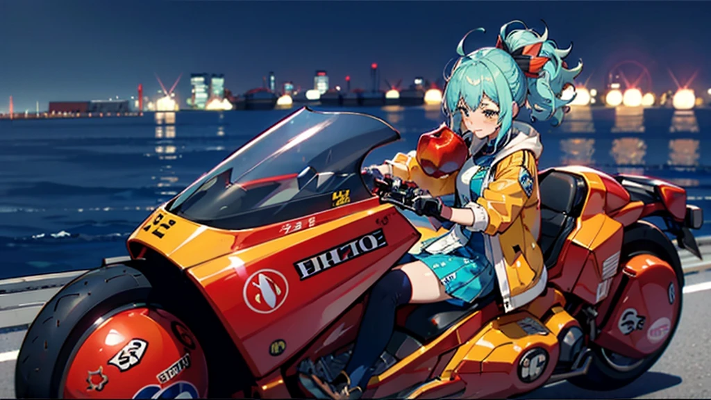 Wearing a souvenir jacket、woman、Eating an apple、Night Port、Embarrassed expression、Motorcycles of the future、masutepiece、The color of the bike is yellow、 light blue hair, ear blush, full blush, Draw a clear face, Sea-view harbor, Eat an apple, Embarrassed face, Blushing, anime, cinematic lighting, UHD, highres, best quality, 8k