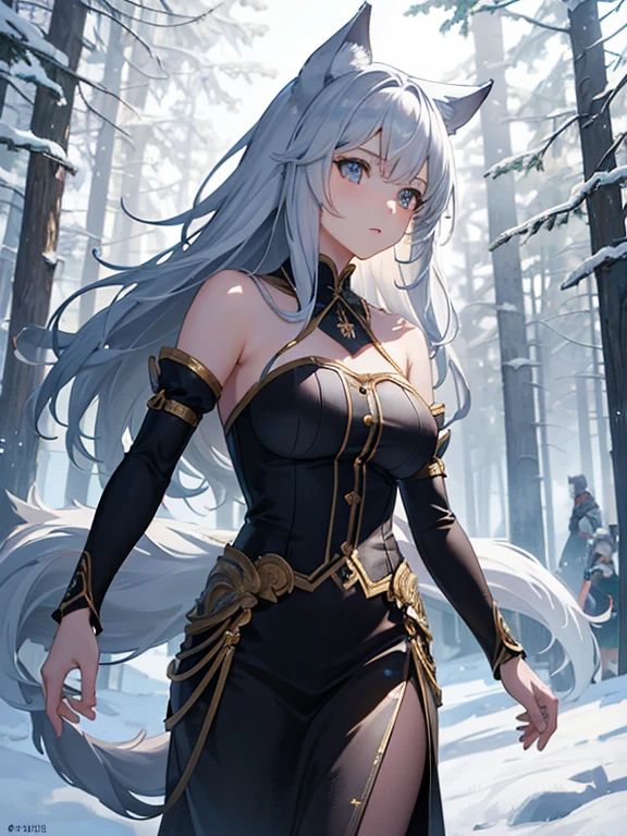masterpiece, Highest quality, High resolution，Follow the on-screen instructions、Anime Style、A realistic composition、A scene from the anime、Follow the prompts、A girl and a wolf on the screen、Long silver hair、Chasing with wolves in the forest、The wolf runs ahead、A girl chases a wolf、