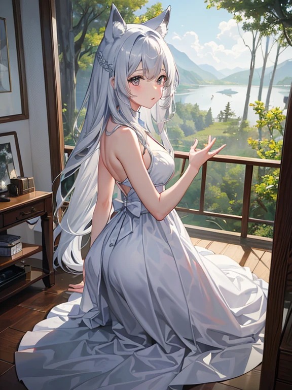 masterpiece, Highest quality, High resolution,Follow the on-screen instructions、Anime Style、A realistic composition、A scene from the anime、Follow the prompts、A girl and a wolf on the screen、Long silver hair、Chasing with wolves in the forest、The wolf runs ahead、A girl chases a wolf behind her、
