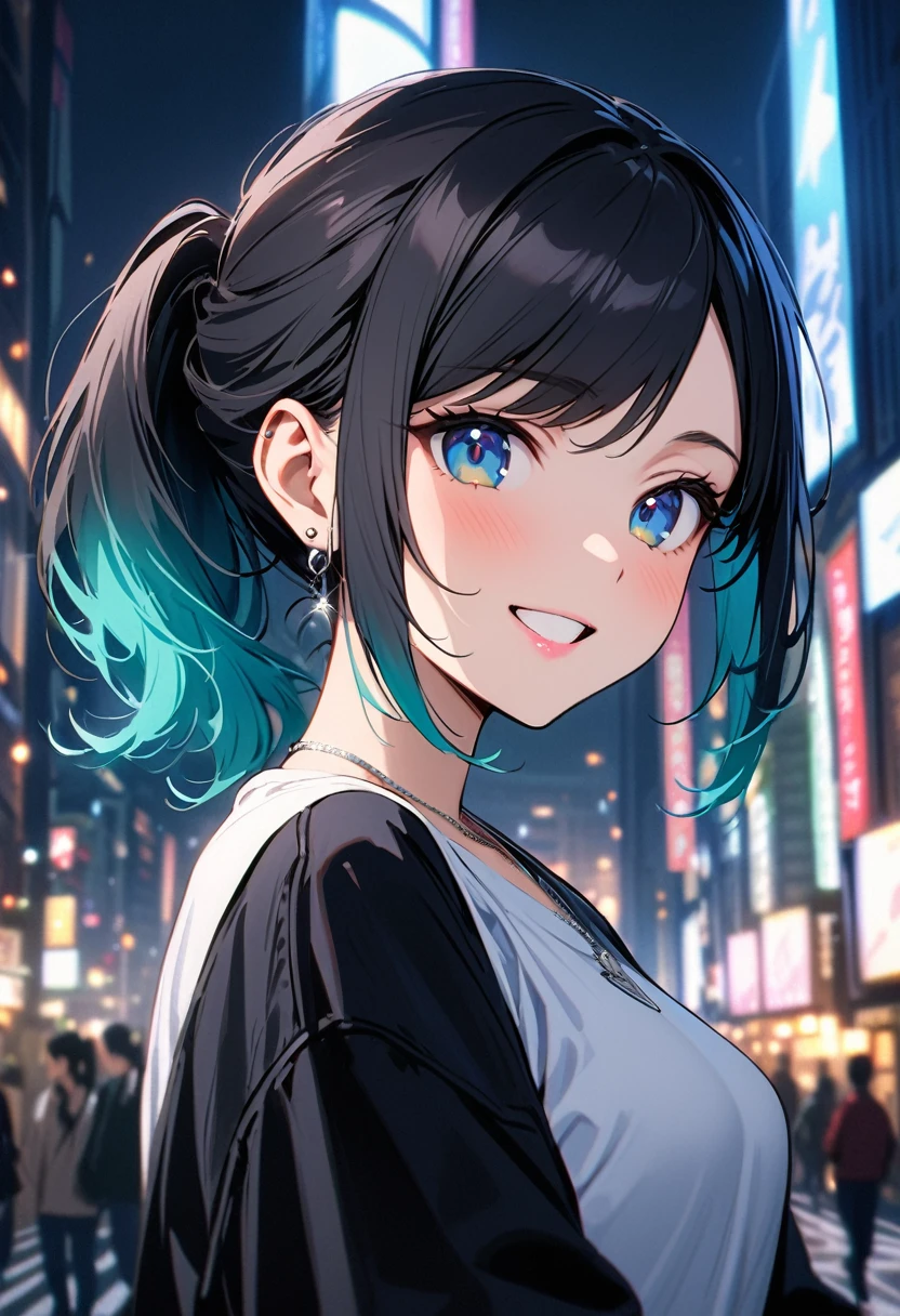 (masterpiece, best quality:1.3), (A young woman, 19-years-old, solo, Caucasian, black hair, cyan hair, gradient hair, ponytail, two-tone hair, swept bangs, pink lipstick, cheerful smile, mouth open, blue eyes, perfecteyes:1.1), (black leather jacket, white t-shirt, thin silver necklace, small silver earrings, light blue denim pants, Tokyo city, upper body, night:1.2)