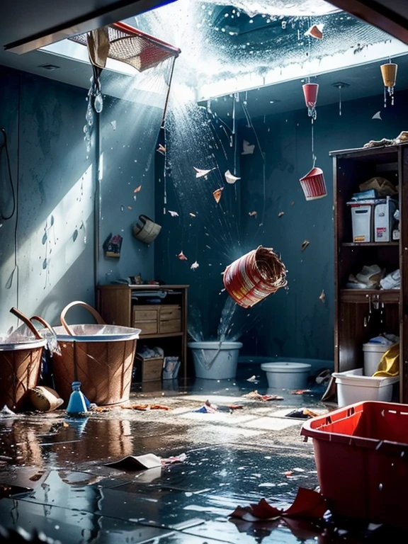 a messy and untidy room, floating objects flying inside the room, explosions, lightning, (((buckets of water flying showing the water spilling from them))), flames of fire, water pouring from the walls, water flying through the air as if it had been thrown, pieces of the wall falling, jets of water in the air, random flames of fire
