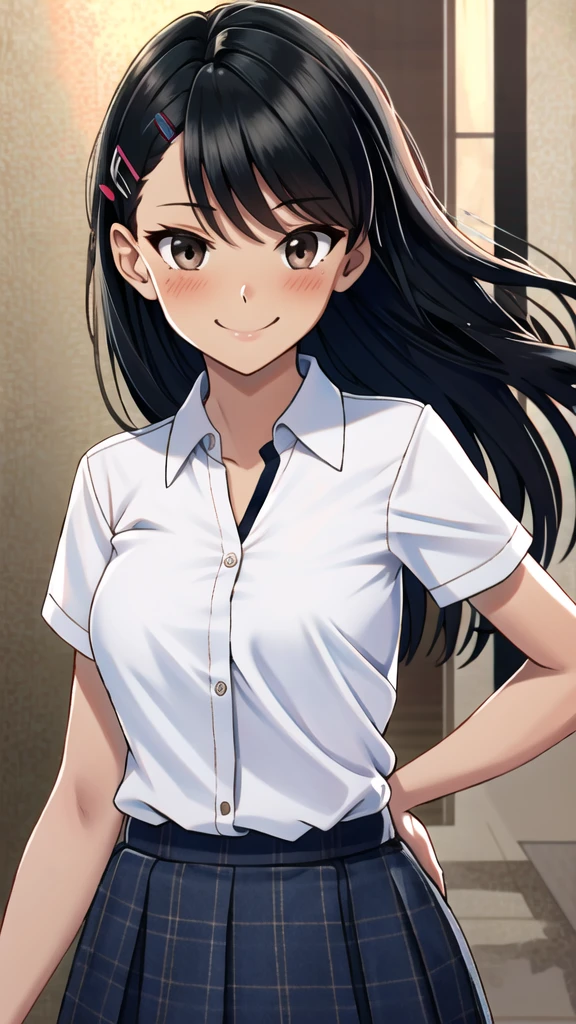 ((best quality)), ((masterpiece)), (details), one girl, sexy ((best quality)), ((masterpiece)), (details), one girl, sexy ((best quality)), ((masterpiece)), (details), one girl, full body, sexy expensive body, expensive, long legs, mature woman, mature, adult, it_nagatoro_main, Hayase Nagatoro, one girl, blushing, alone, uniform polo shirt, short sleeves, black hair,brown eyes, hair accessory, looking at viewer, hair clip, smiling, long hair, dark skinned woman, dark skin, , bangs, daytime, skirt, collared shirt, collarbone, ear clip, mouth closed, tree, asymmetrical bangs, upper body