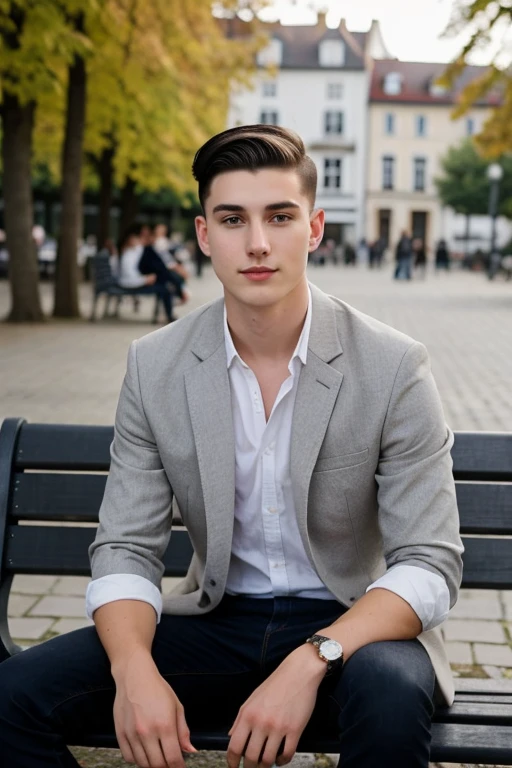 European young man, With dark hair, undercut hair, Gray eyes, Handsome, pale, long, Sitting on a bench outside Hugur Tess&#39;s school,Sitting next to him is a seated lady wearing a black suit 