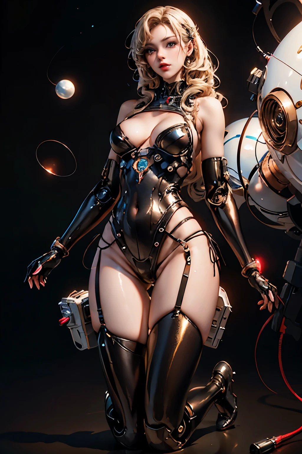 Photo-realistic, Arafed woman in a bikini posing on a black base, long blonde hair, long black boots, bikini with space suit element design, full pose, sexy pose, gorgeous style, full body close-up shot, on the right thigh gun holster, holding gun in right hand