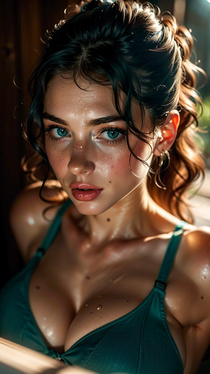(((ultra realistic))) Photo, masterpiece, top quality, (pale skin), (Ultra detailed face and eyes:1.3), 1 girl, Adult, in a (very tight) push up bra, ((Eye makeup, red mascara)), ((fake detailed lips)), ((black wavy hair)), ((Stylish hairstyle)) , ({Gigantic|Big|Huge|Mega|Fake}breasts), (Slim waist). huge cleavage, , focus on cleavage, photoshoot, (Soft) Lighting, (The play of light and shadows), depth of field, bokeh, (special attention to skin detail: 1.3), Detailed oiled leather texture, sweaty skin pores, (very {sweaty|oily} skin). (Erotic atmosphere of the frame. Color range - Amber and Teal, Tons), UDR, ((Film grain)), ((rays)), (Glare), ((portrait, close to breasts)) , ultra detailed,