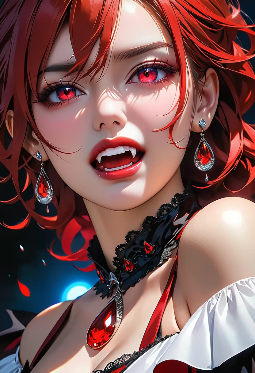 aa portrait of vampire with a bloody tear coming down from he eye, an exotic beautiful female vampire, red hair color, dynamic hair style, ultra detailed face, best detailed face, silver eye color, ((1single red teardrop: 1.3)), ((tear drop made from blood)), ((teardrop coming down from the eye: 1.3)), small cleavage, wearing two black diamond earrings, Ultra-high resolution, High Contrast, (masterpiece:1.5), highest quality, Best aesthetics), 16K fantasy art, best details, best quality, highres, (ultra wide angle: 1.2), 16k, [ultra detailed], masterpiece, best quality, (extremely detailed), ladyshadow, magical sky, crying style, vampire teeth