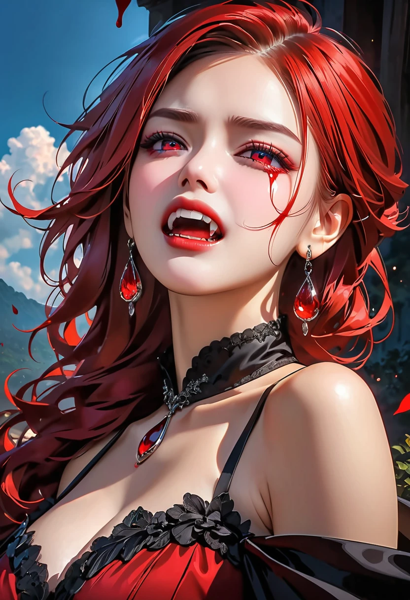 aa portrait of vampire with a bloody tear coming down from he eye, an exotic beautiful female vampire, red hair color, dynamic hair style, ultra detailed face, best detailed face, silver eye color, ((1single red teardrop: 1.3)), ((tear drop made from blood)), ((teardrop coming down from the eye: 1.3)), small cleavage, wearing two black diamond earrings, Ultra-high resolution, High Contrast, (masterpiece:1.5), highest quality, Best aesthetics), 16K fantasy art, best details, best quality, highres, (ultra wide angle: 1.2), 16k, [ultra detailed], masterpiece, best quality, (extremely detailed), ladyshadow, magical sky, crying style, vampire teeth