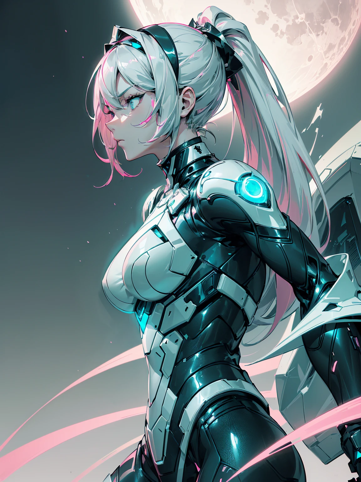 high resolution, (masterpiece), 4k, (high detail), portrait, ((from side)), (upper body), ((1girl)), facing away, teen, ((detailed waist length light_gray_hair tied in ponytail)), (black_hairband), ((pink_eyes with blue tint)), ((teal_colored_pupils)), fair skin, athletic, (b-cup breasts), (((futuristic skin_tight_bodysuit with armor plating and white and black color theme))), heroic pose, (determined expression), standing, ashy background, fire, night time, full moon