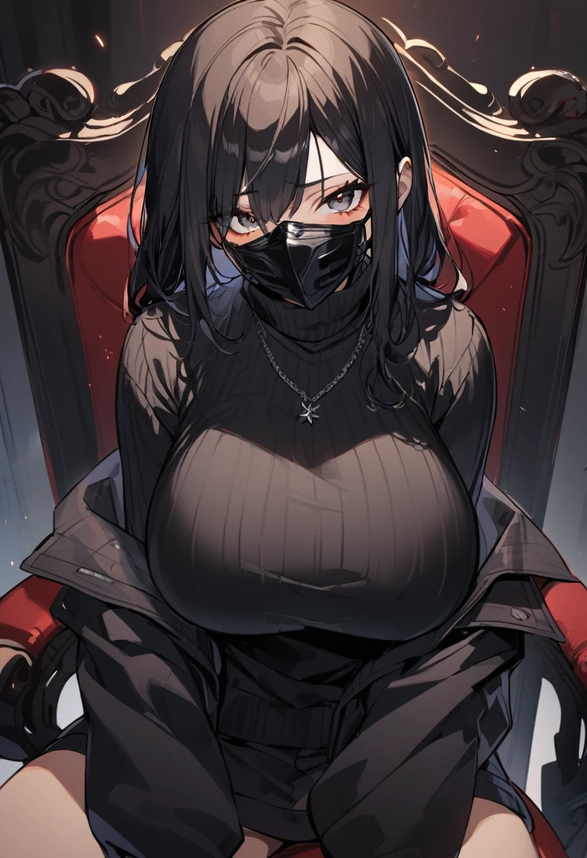 1 girl, black hair, big black sweater, middle big breast, black facemask, sitting on normal chair, staring at camera