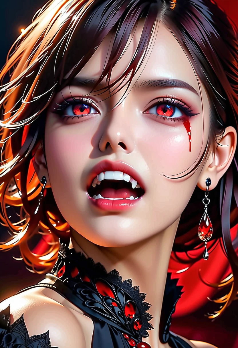 aa portrait of vampire with a bloody tear coming down from he eye, an exotic beautiful female vampire, red hair color, dynamic hair style, ultra detailed face, best detailed face, silver eye color, ((1single red teardrop: 1.3)), ((teardrop made from blood)), ((teardrop coming down from the eye: 1.3)), small cleavage, wearing two black diamond earrings, Ultra-high resolution, High Contrast, (masterpiece:1.5), highest quality, Best aesthetics), 16K fantasy art, best details, best quality, highres, (ultra wide angle: 1.2), 16k, [ultra detailed], masterpiece, best quality, (extremely detailed), ladyshadow, magical sky, crying style, vampire teeth