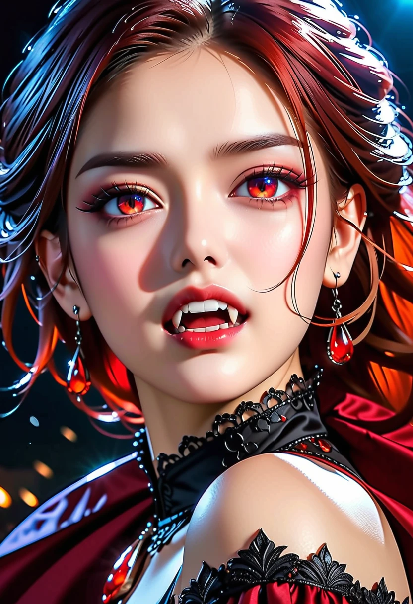aa portrait of vampire with a bloody tear coming down from he eye, an exotic beautiful female vampire, red hair color, dynamic hair style, ultra detailed face, best detailed face, silver eye color, ((1single red teardrop: 1.3)), ((teardrop made from blood)), ((teardrop coming down from the eye: 1.3)), small cleavage, wearing two black diamond earrings, Ultra-high resolution, High Contrast, (masterpiece:1.5), highest quality, Best aesthetics), 16K fantasy art, best details, best quality, highres, (ultra wide angle: 1.2), 16k, [ultra detailed], masterpiece, best quality, (extremely detailed), ladyshadow, magical sky, crying style, vampire teeth