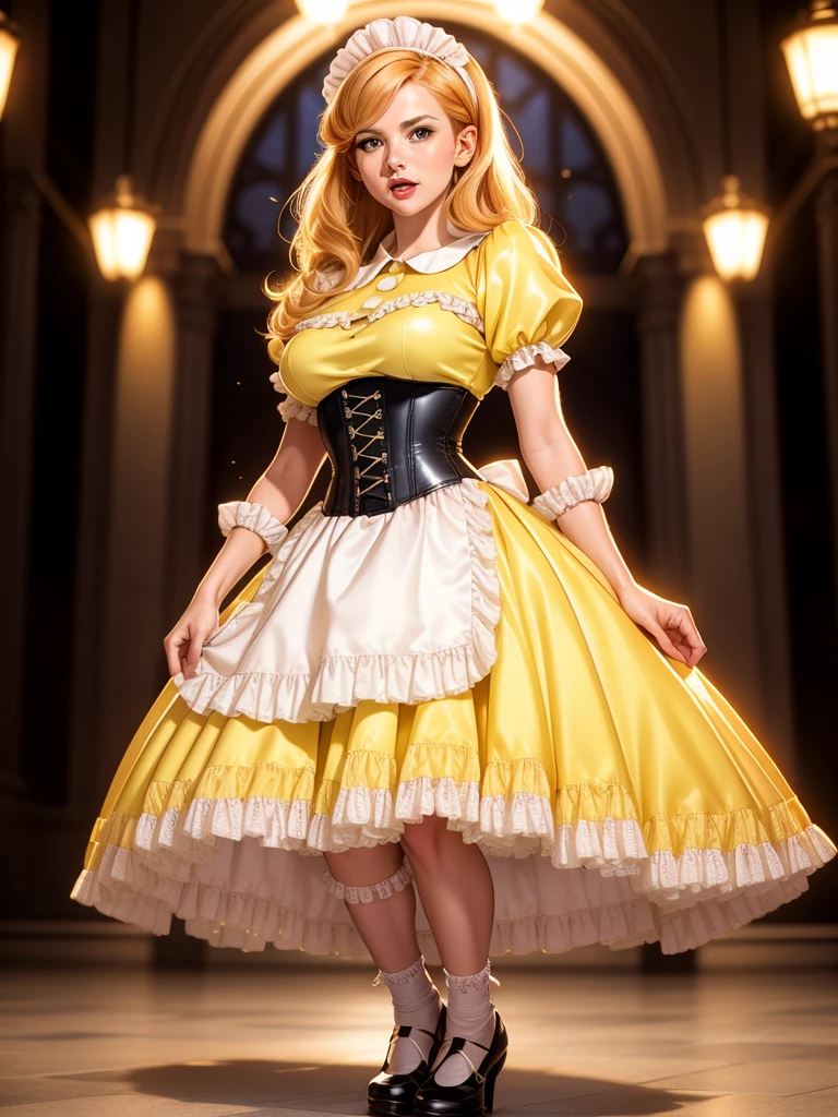 cinematic film still photogenic beautiful adult woman, solo,  strawberry blonde hair, age 30, mid shot, standing, grand hall, m4id, very wide short skirt, ( yellow  dress), apron, frills, rim lighting,  black footwear, full body, headpiece,  looking at viewer, (corset) cleavage cutout, collar, . shallow depth of field, vignette, highly detailed, high budget, bokeh, cinemascope, moody, epic, gorgeous, film grain, grainy, big breasts